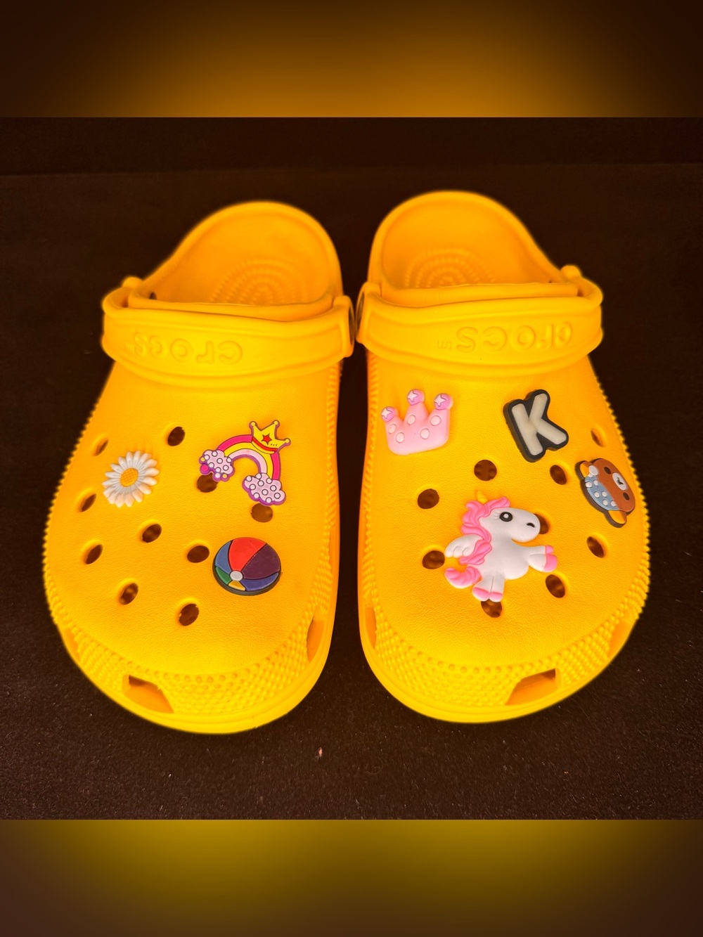 CROCS Yellow Clog Sandals with Colorful Charms size 6 Men 8 Women